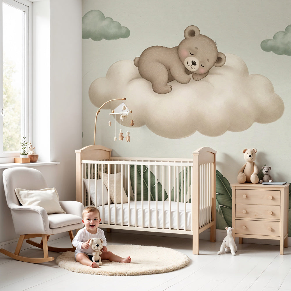 Baby bear sleeping on cloud mural wallpaper in modern nursery room by Kids-Mundo