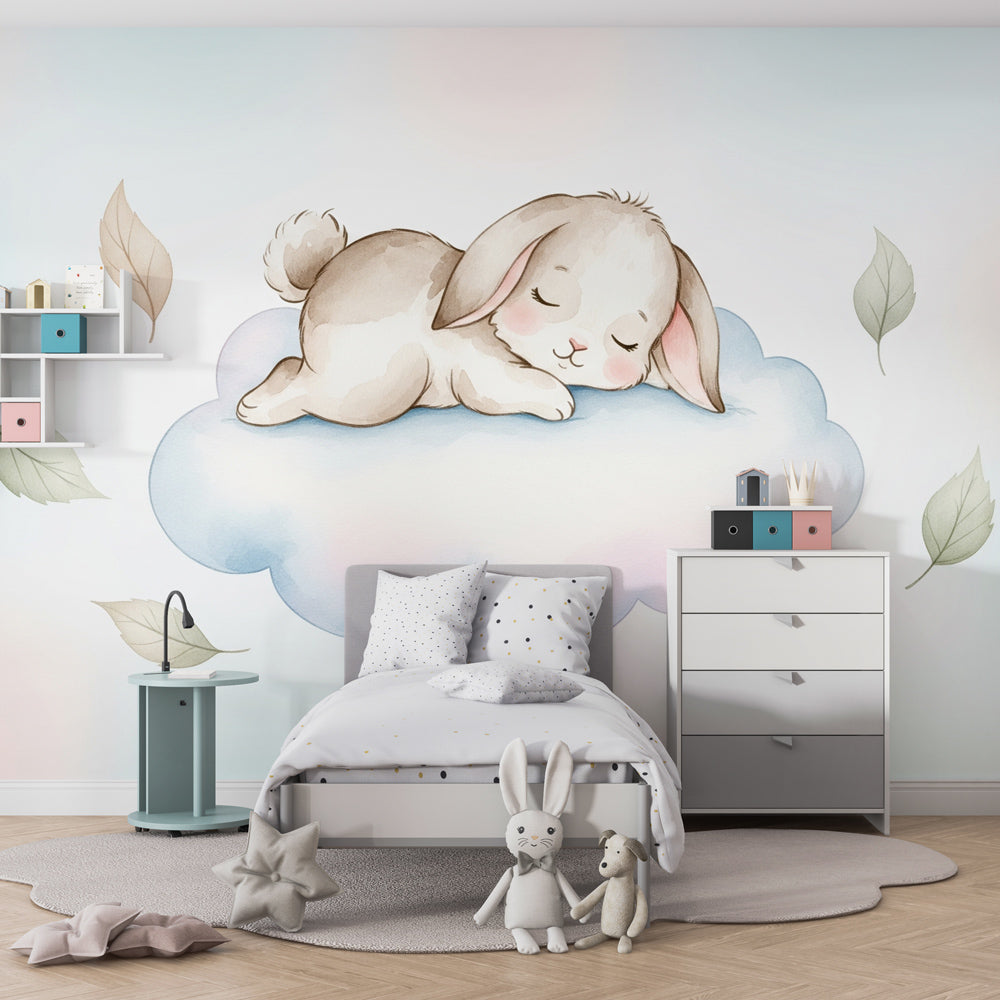Sleeping bunny on cloud mural wallpaper behind white crib in modern baby nursery by Kids-Mundo
