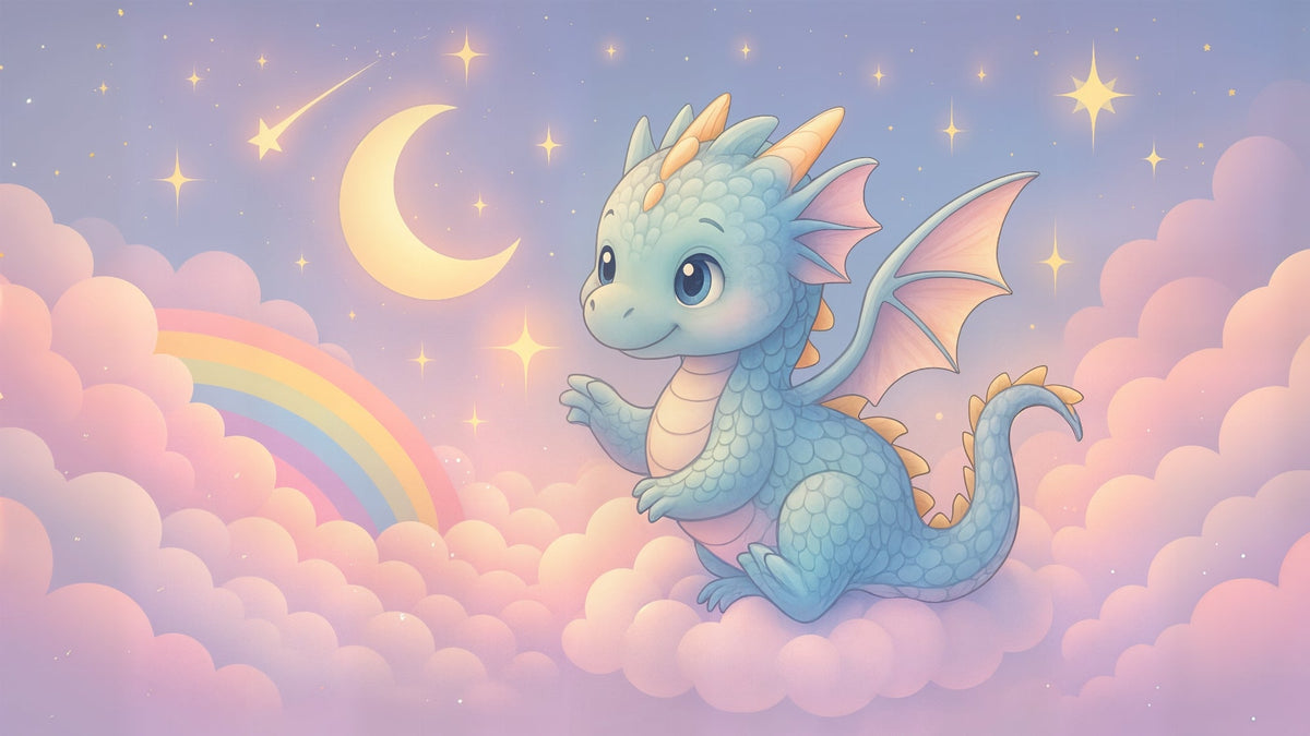 Cute Baby Dragon on Clouds with Rainbow Wall Mural