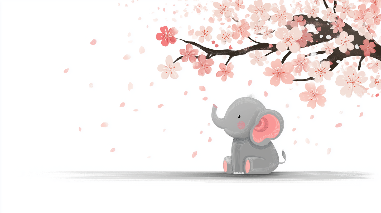 Kids-Mundo flat artwork preview of the baby elephant cherry blossom wall mural design