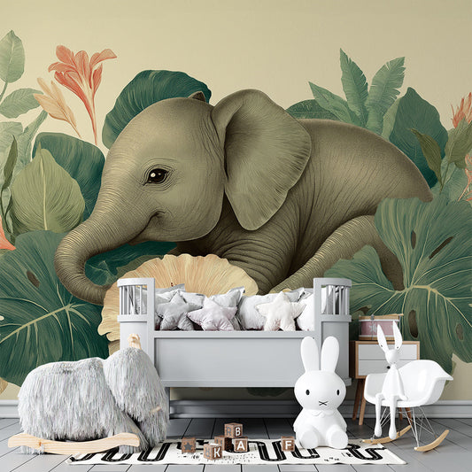 Kids-Mundo tropical elephant mural adding calm greenery to a child's bedroom wall