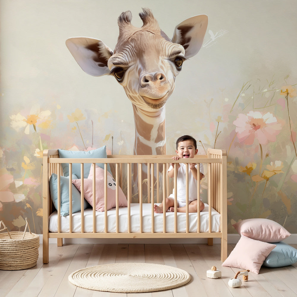 Baby giraffe mural wallpaper creating peaceful nursery decor with floral garden design by Kids-Mundo
