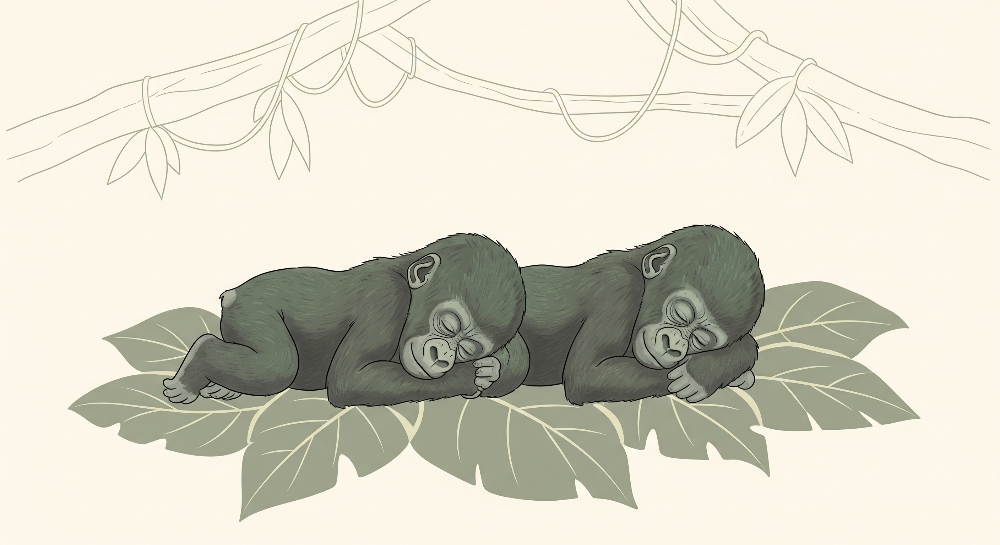 Kids-Mundo flat artwork of two baby gorillas asleep on tropical leaves for a wall mural