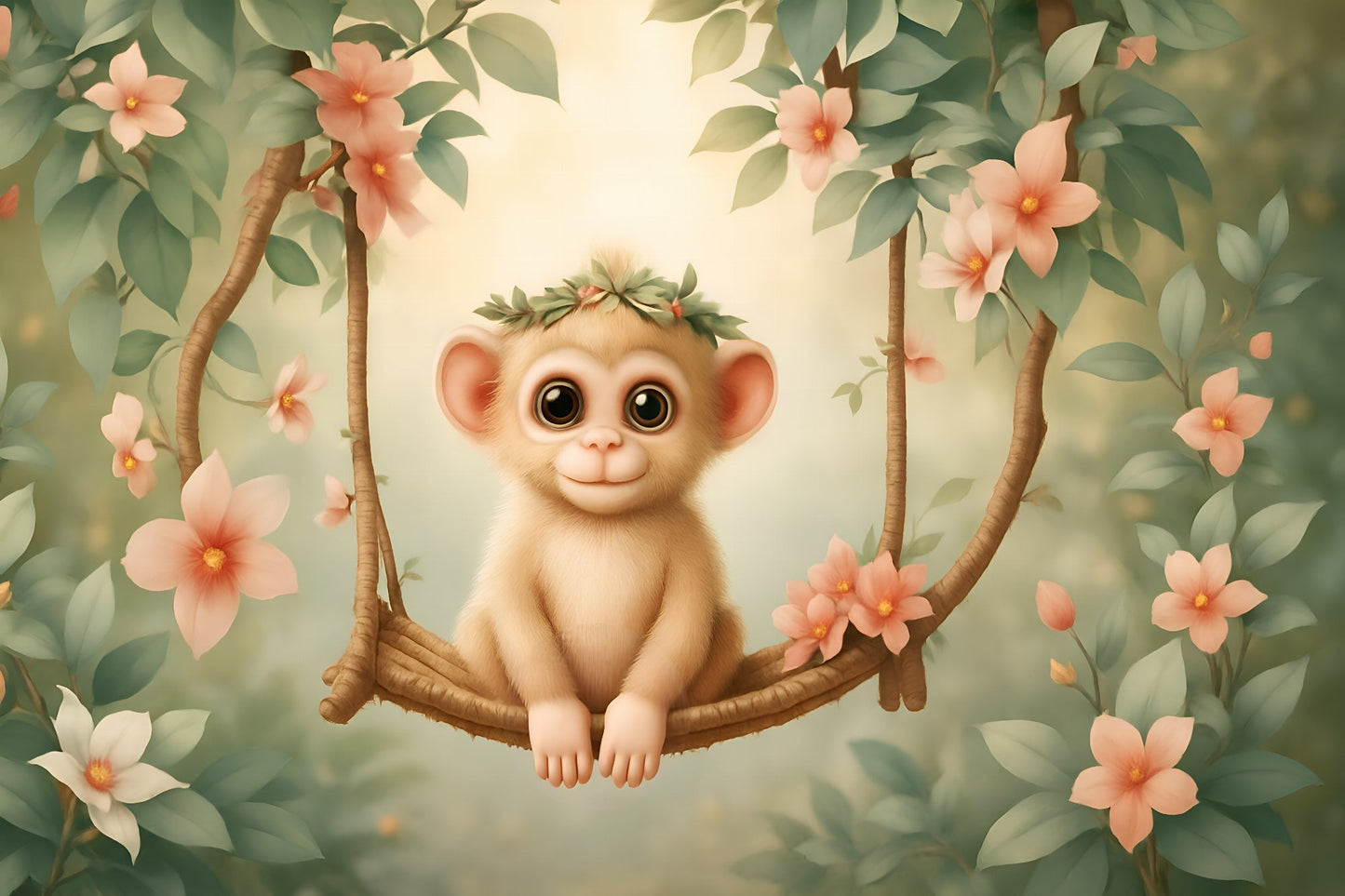 Kids-Mundo flat artwork preview of the baby monkey on a flower swing mural design.