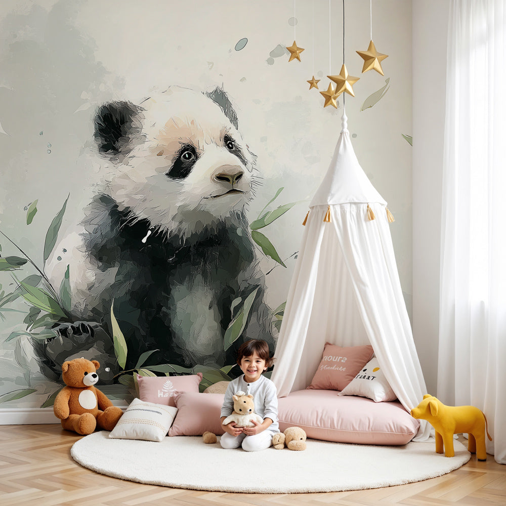 Baby panda bamboo mural wallpaper in peaceful nursery setting by Kids-Mundo