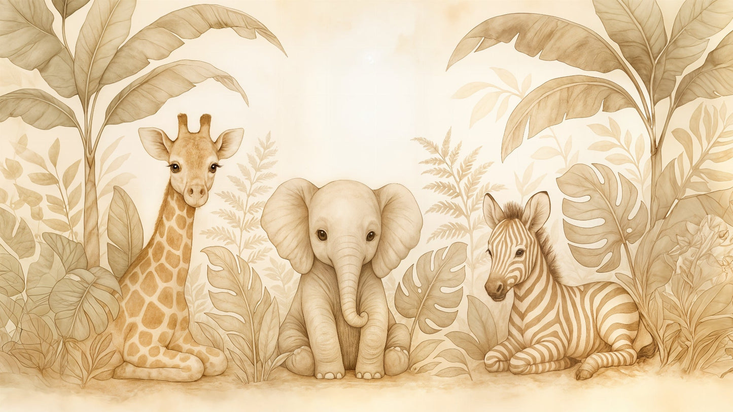 Kids-Mundo flat artwork preview of the beige watercolour safari baby animals wall mural design