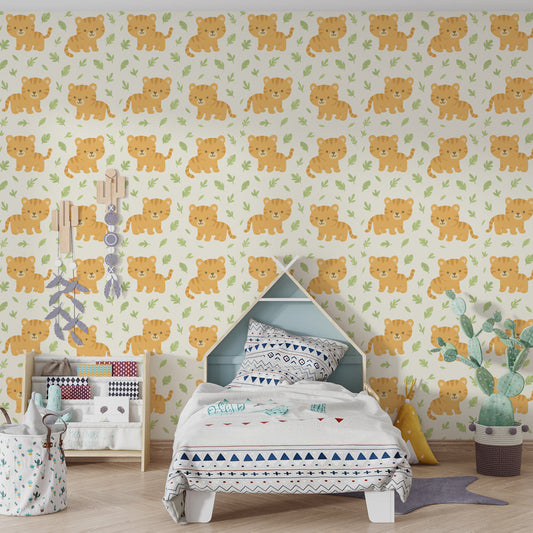 Kids-Mundo tiger cub pattern wall mural covering a feature wall in a bright kids bedroom