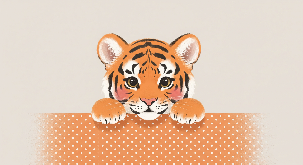 Kids-Mundo flat artwork of a curious baby tiger cub peeking over an orange polka-dot border.