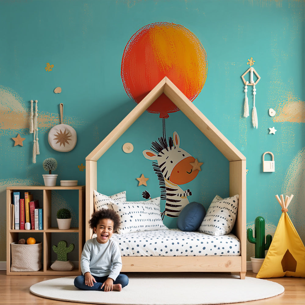 Baby zebra mural wallpaper in modern nursery with crib and soft blue sky design by Kids-Mundo