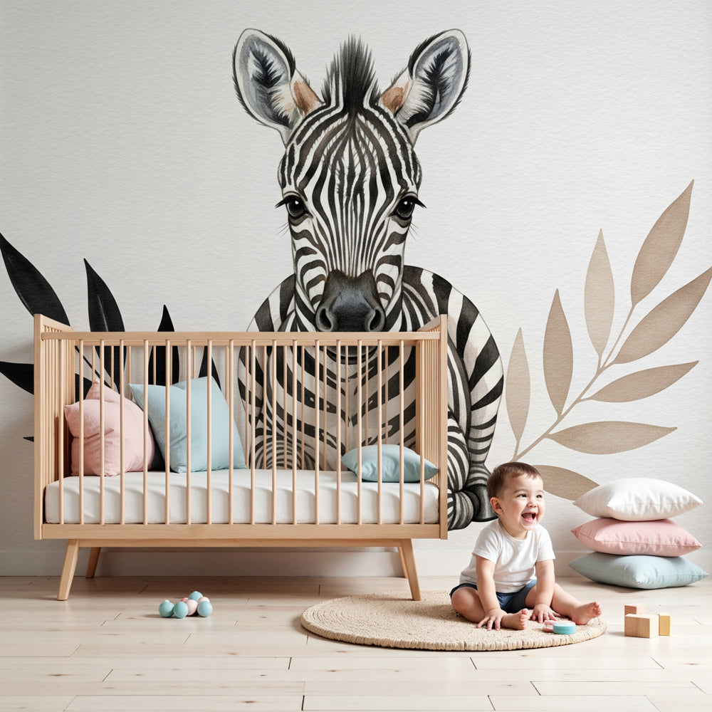 Baby zebra mural wallpaper in modern nursery with neutral decor by Kids-Mundo