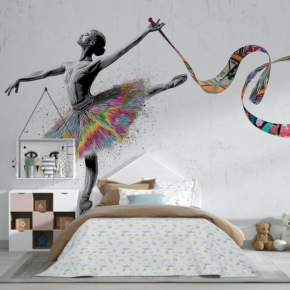 Vibrant dance-themed mural wallpaper creating artistic nursery atmosphere for young ballet lovers