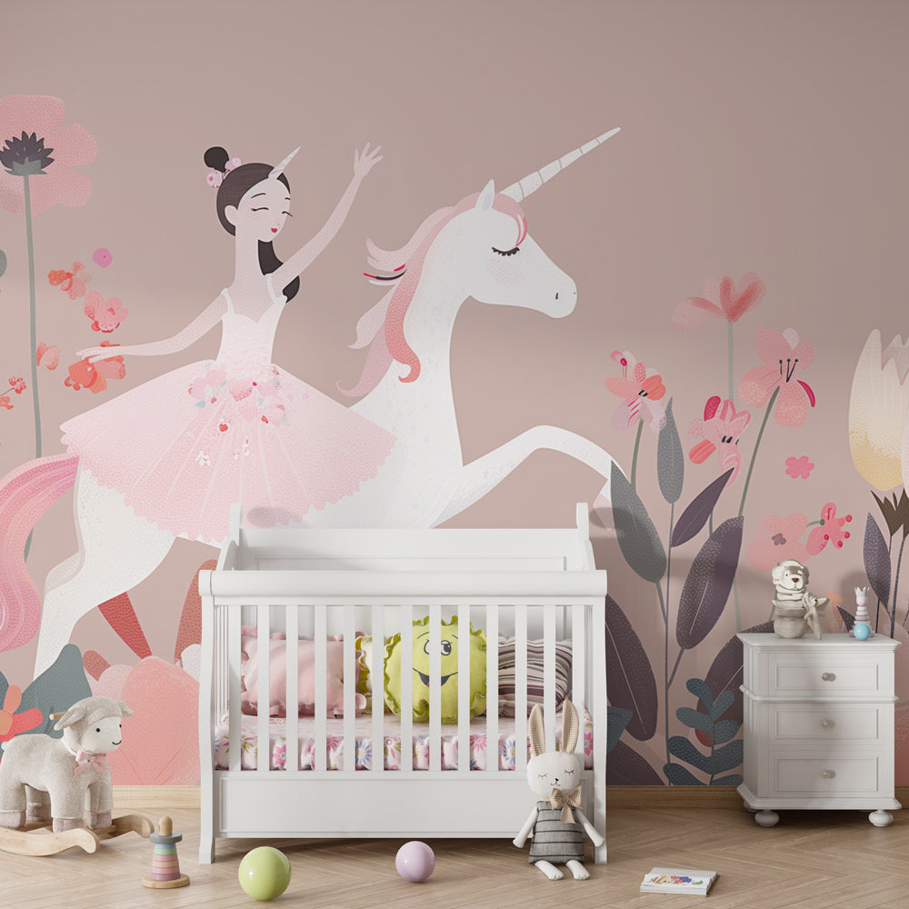 Pastel unicorn wallpaper transforming kids bedroom into enchanted dreamland with pink tones