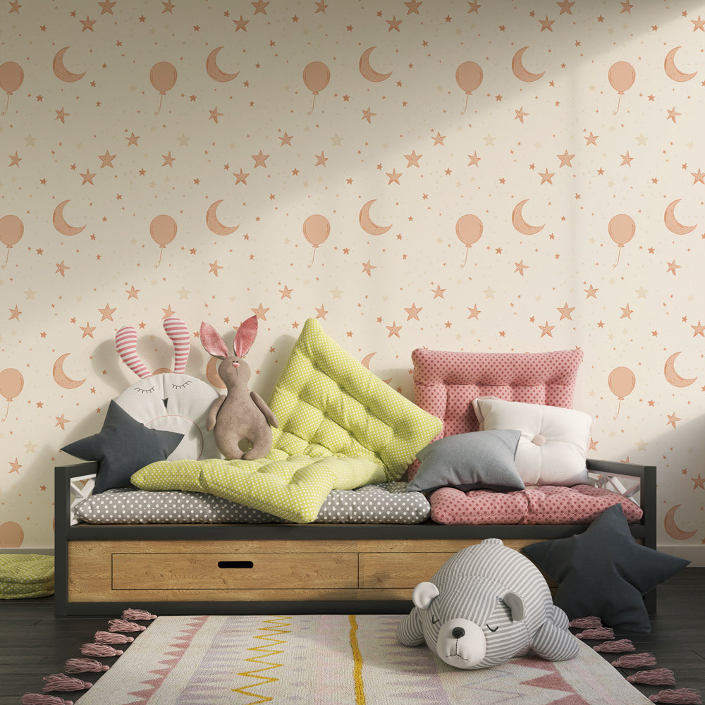 Soft balloon and celestial mural wallpaper creating magical kids bedroom atmosphere
