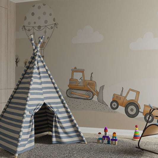 Kids-Mundo balloon and digger wall mural covering a feature wall in a child's bedroom