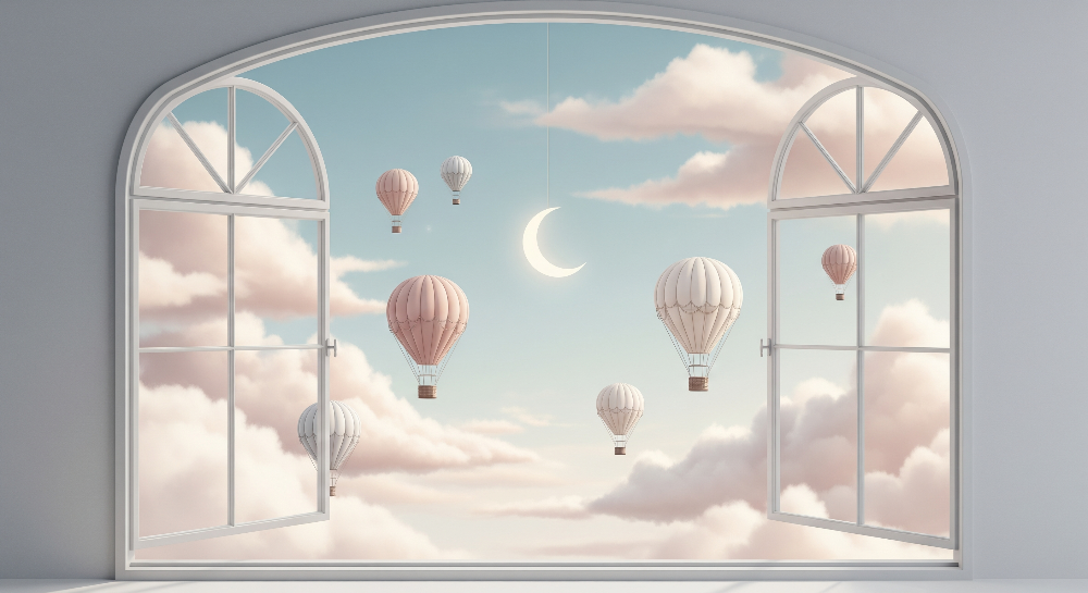 Hot Air Balloons Moonlit Window Wall Mural