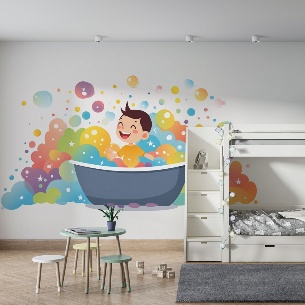 Cheerful bath time bubble wallpaper creating joyful atmosphere in children's playroom