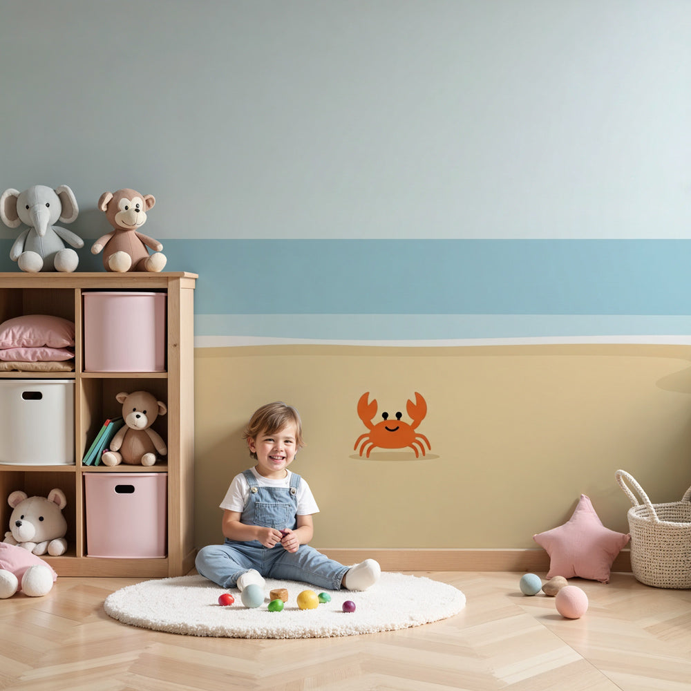 Beach crab mural wallpaper creating coastal nursery decor with golden sand and turquoise ocean by Kids-Mundo