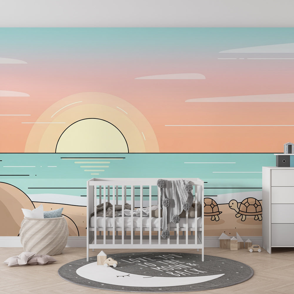 Coastal themed nursery with turtle beach mural wallpaper featuring sunset colors and natural decor