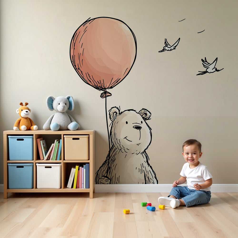 Bear balloon mural wallpaper in soft beige nursery with wooden crib by Kids-Mundo