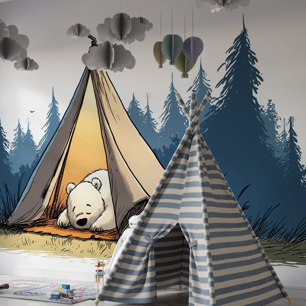Forest adventure wallpaper featuring sleeping bear in tent creating magical kids bedroom atmosphere