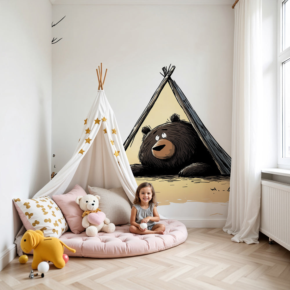 Bear camping mural wallpaper in cozy nursery with wooden crib by Kids-Mundo