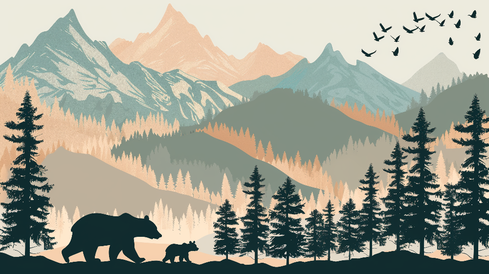 Bear and Cub Mountain Forest Wall Mural