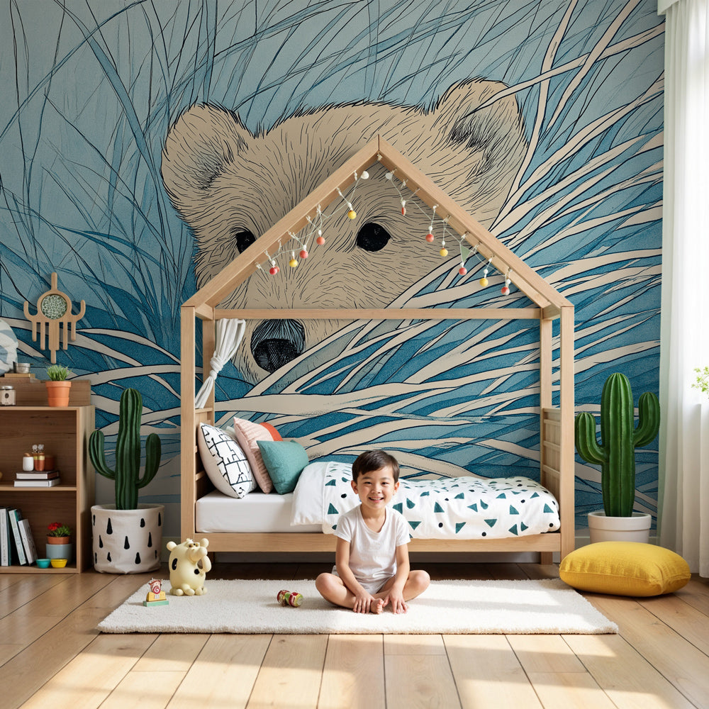 Bear cub mural wallpaper in serene nursery setting with wooden crib by Kids-Mundo