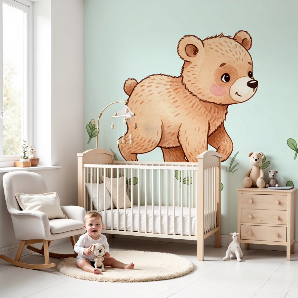 Bear cub nature mural wallpaper in serene baby nursery with wooden crib by Kids-Mundo