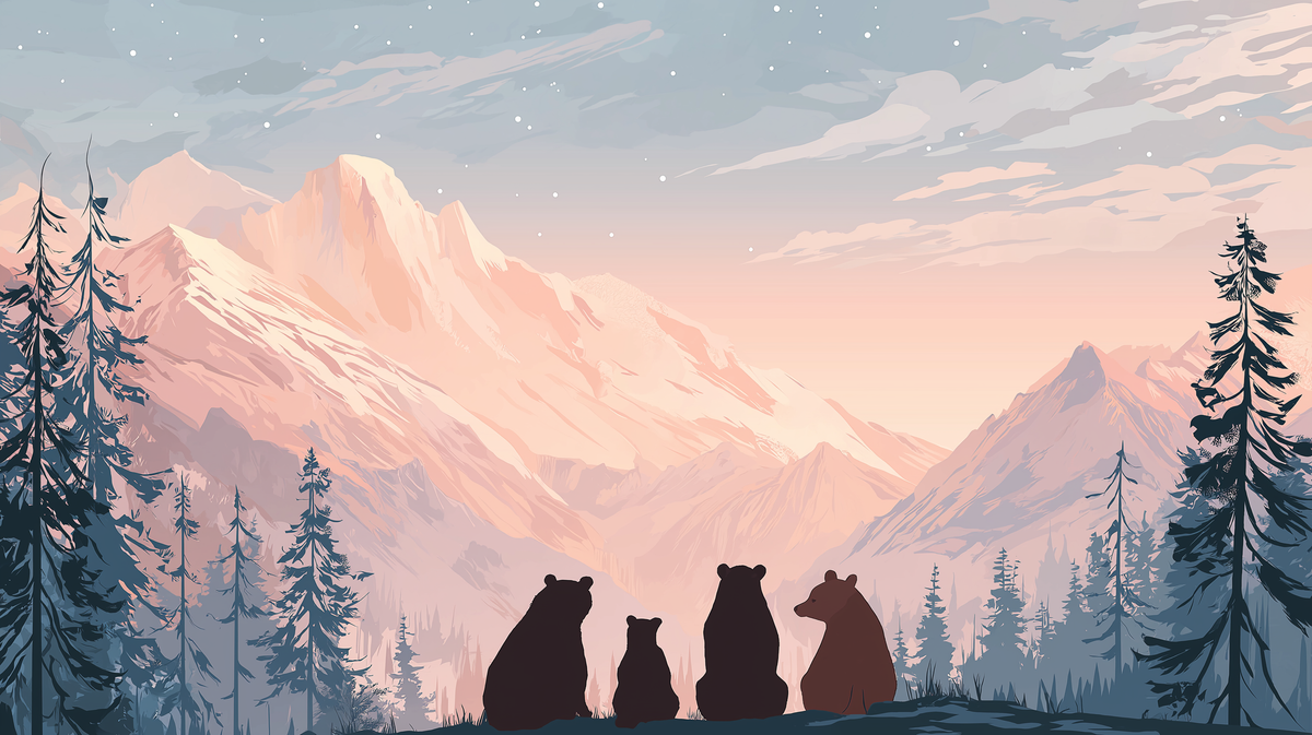 Bear Family at Sunset in the Snowy Mountains Wall Mural