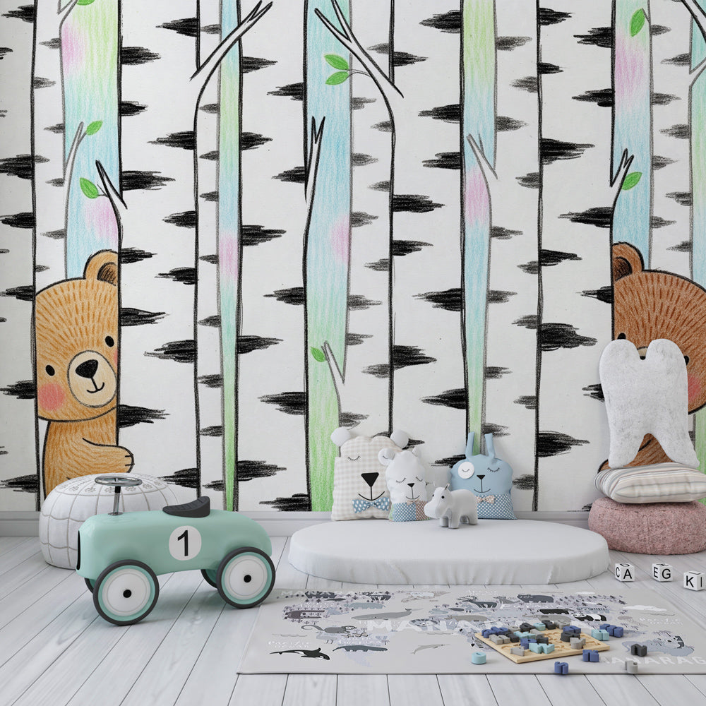 Woodland bear cubs wallpaper creating cozy children's bedroom decor