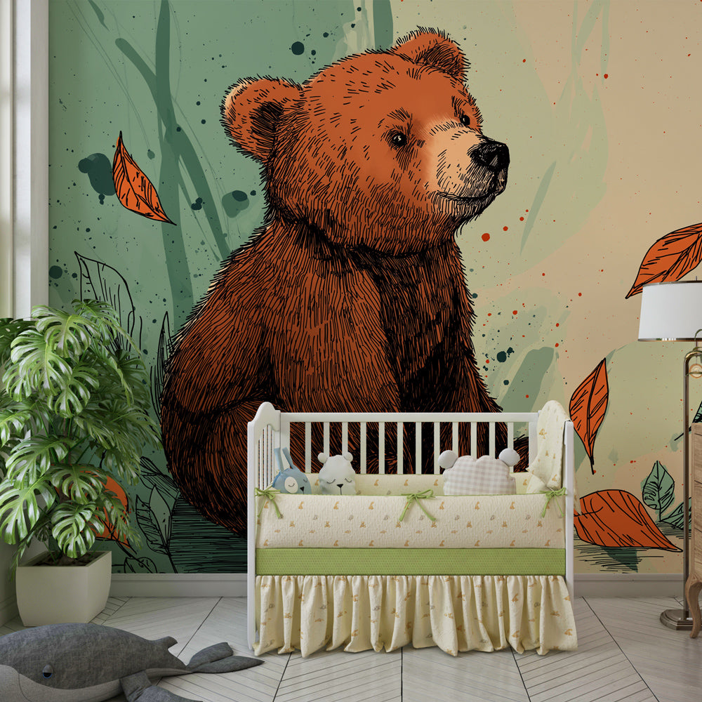 Little cub forest wallpaper decorating modern children's bedroom with natural wood furniture