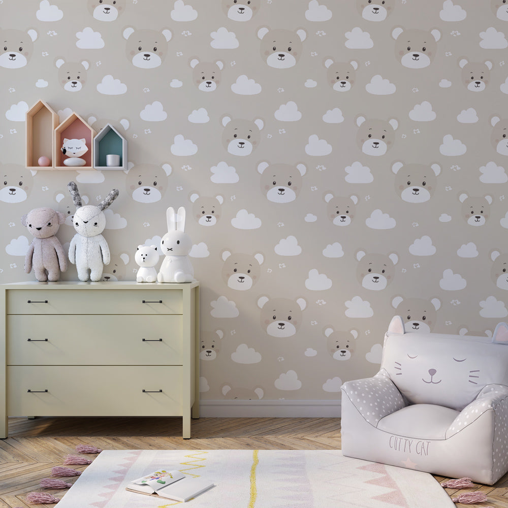 Cute bear animal wallpaper transforming children's bedroom with dreamy cloudy background design