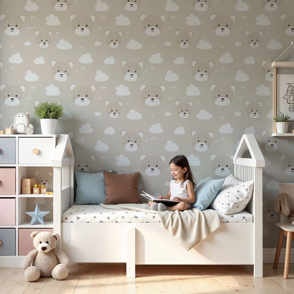 Bear head mural wallpaper creating cozy nursery atmosphere with soft beige clouds by Kids-Mundo