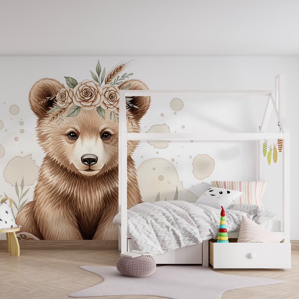 Tender bear wallpaper transforming children's bedroom into magical sanctuary with floral details