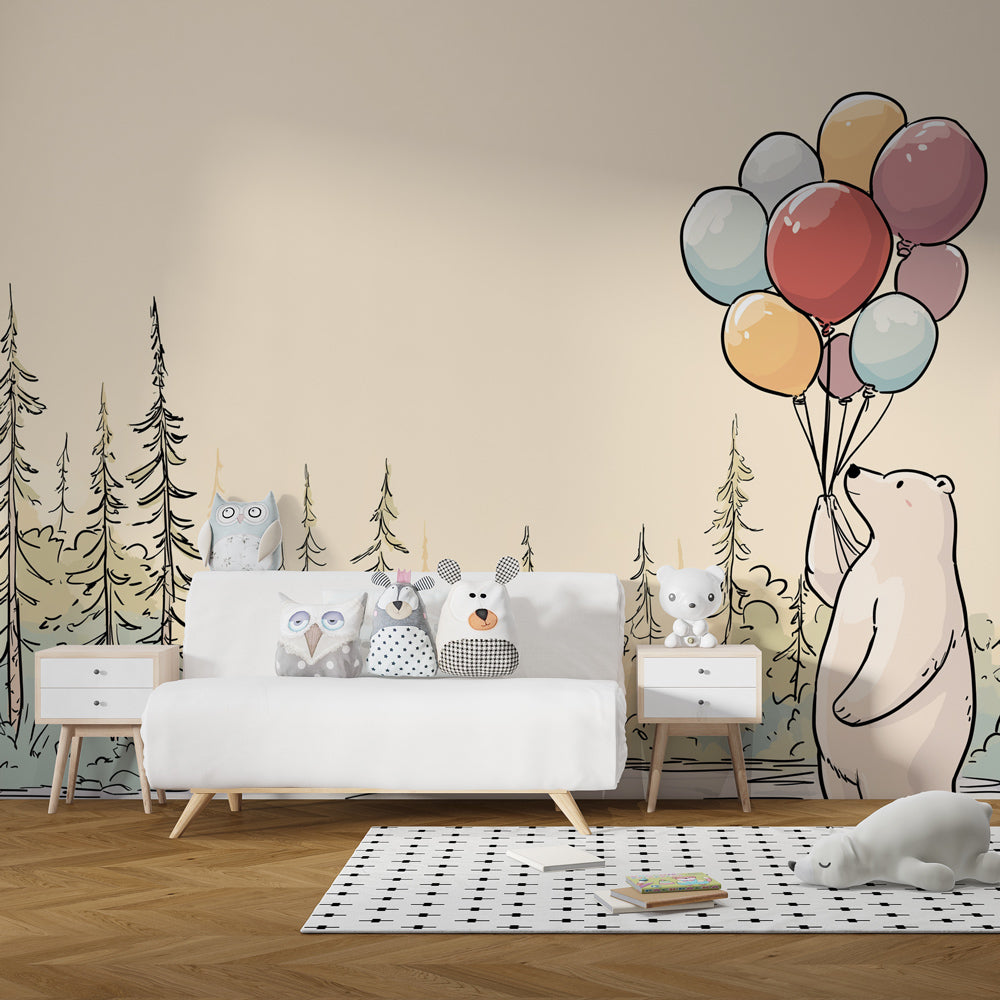 Charming bear balloon wallpaper creating magical atmosphere in children's bedroom