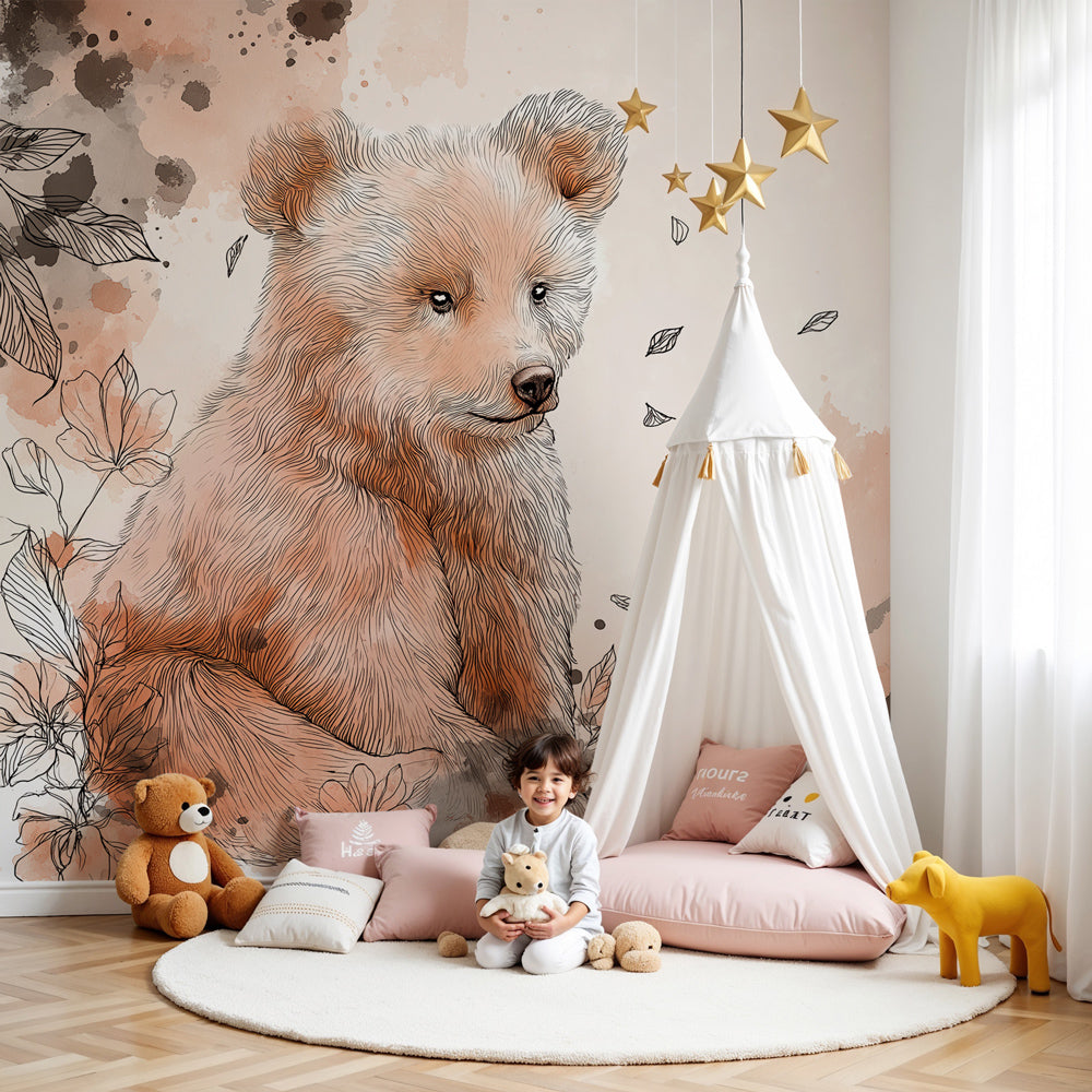 Bear mural wallpaper with soft floral design creating cozy nursery atmosphere by Kids-Mundo