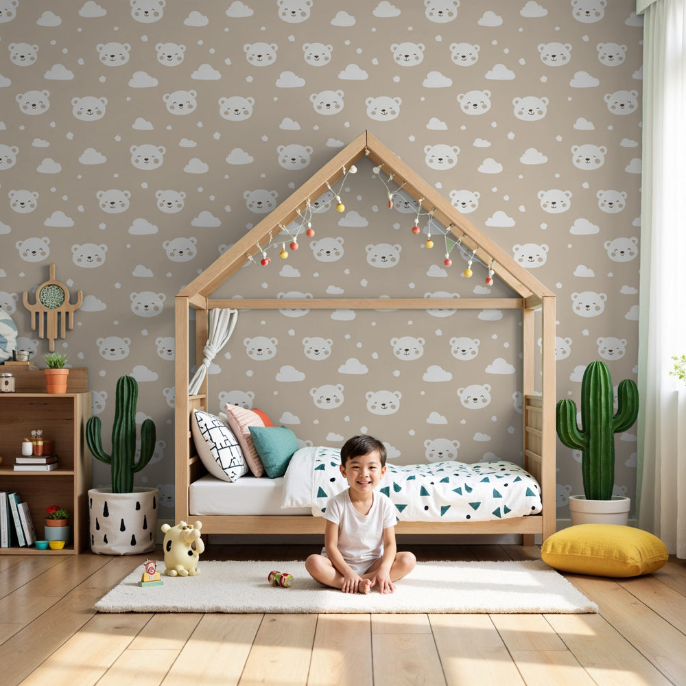 Bear mural wallpaper with adorable faces creating cozy nursery atmosphere by Kids-Mundo