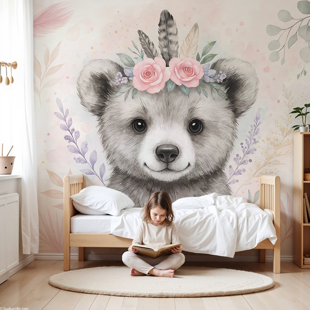 Bear mural wallpaper with floral crown creating gentle nursery decor by Kids-Mundo