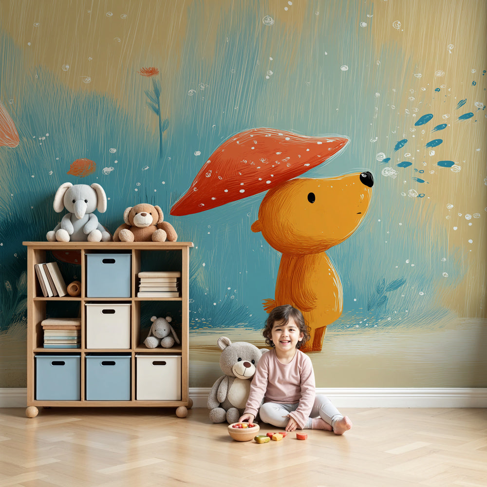 Bear mural wallpaper with enchanted rain scene decorating cozy nursery by Kids-Mundo