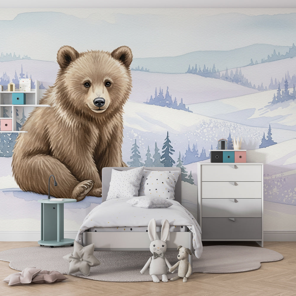 Snowy bear mural wallpaper creating cozy winter atmosphere in children's bedroom