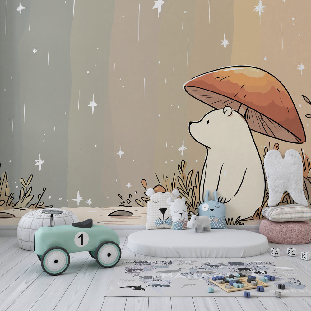 Woodland bear wallpaper transforming baby room with soft pastel forest theme