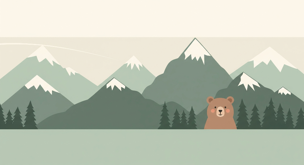 Kids-Mundo flat illustration of a bear peeking over sage-green pine mountains, the wall mural artwork