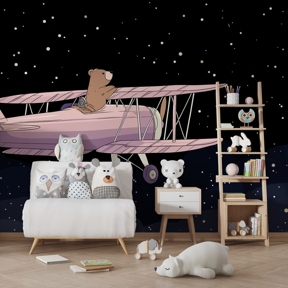 Starry sky bear aviation wallpaper transforming kids bedroom into adventure space