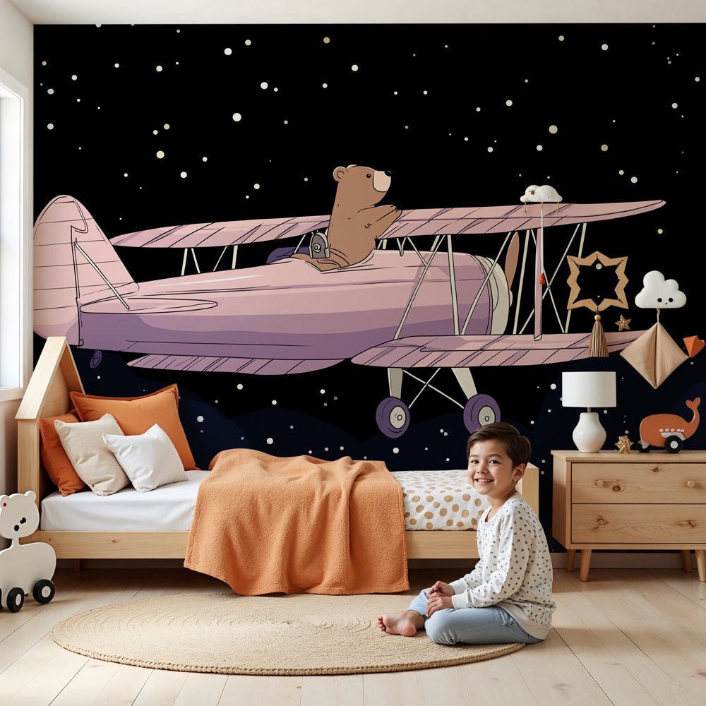 Bear pilot mural wallpaper with pink airplane creating magical nursery decor by Kids-Mundo