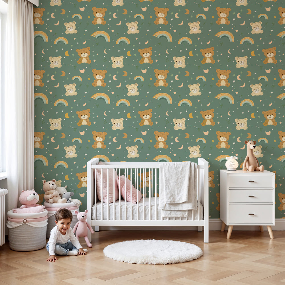 Bear rainbow mural wallpaper creating cozy nursery atmosphere with playful cubs design by Kids-Mundo