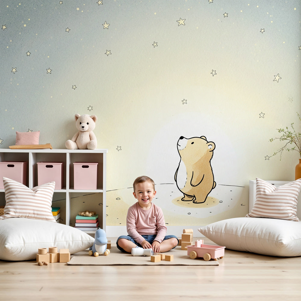 Bear stars mural wallpaper creating dreamy nursery atmosphere with soft blue tones by Kids-Mundo