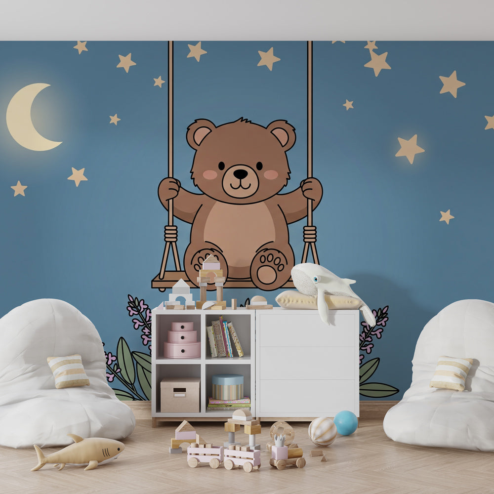Starry night bear wallpaper creating peaceful atmosphere in children's bedroom