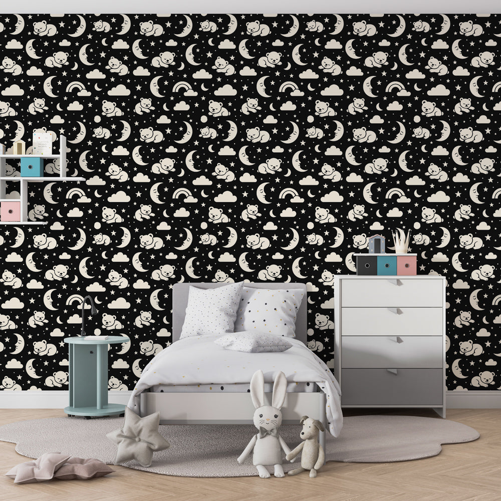 Night sky bears wallpaper with rainbow and moon details in cozy toddler bedroom setting