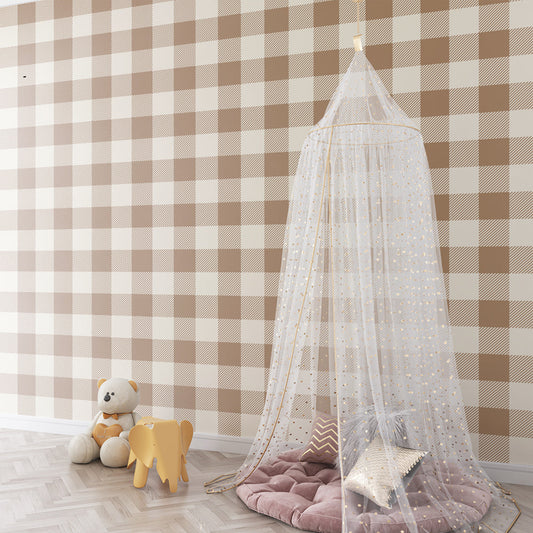 Kids-Mundo gingham check wallpaper mural covering a wall in a cosy kids bedroom