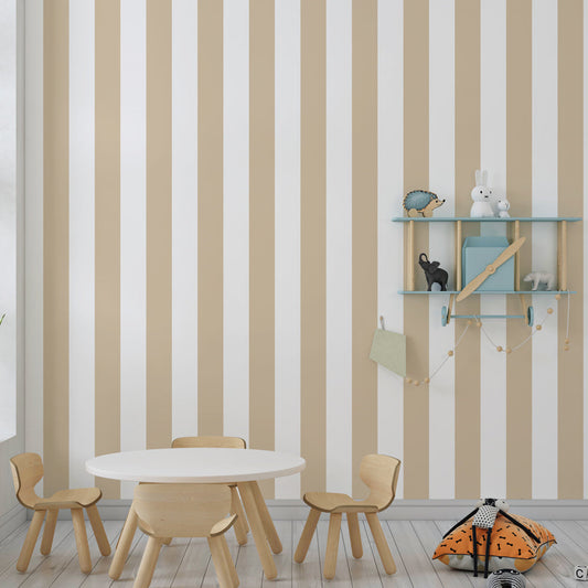 Kids-Mundo soft beige stripe wall mural covering a feature wall in a tidy kids bedroom.